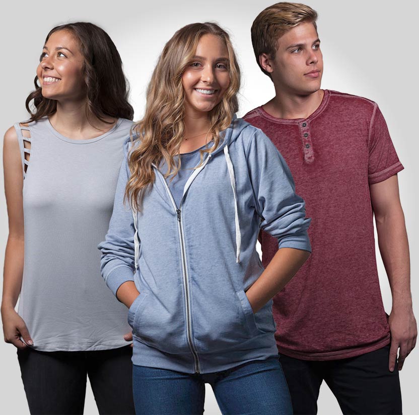 Three models wearing custom garments